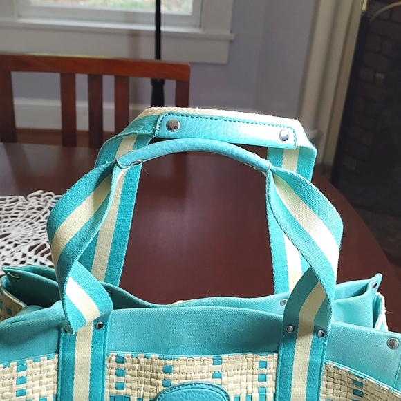 Vintage Tommy Hilfiger Straw & Cloth Handbag Turquoise Blue and Soft Tan - Picture 4 of 16